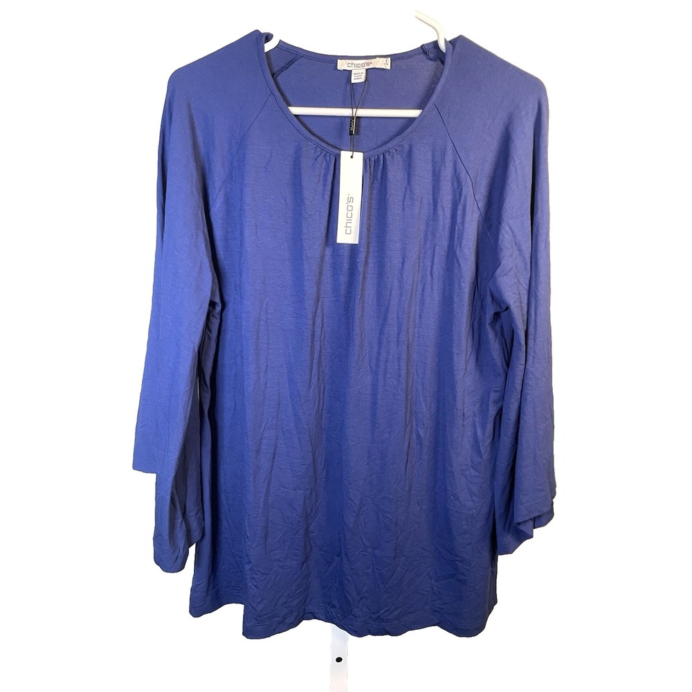NEW Chico's Touch of Cool Angel Sleeve Tee Size 2 Large Blue Casa 3/4 Sleeve Top